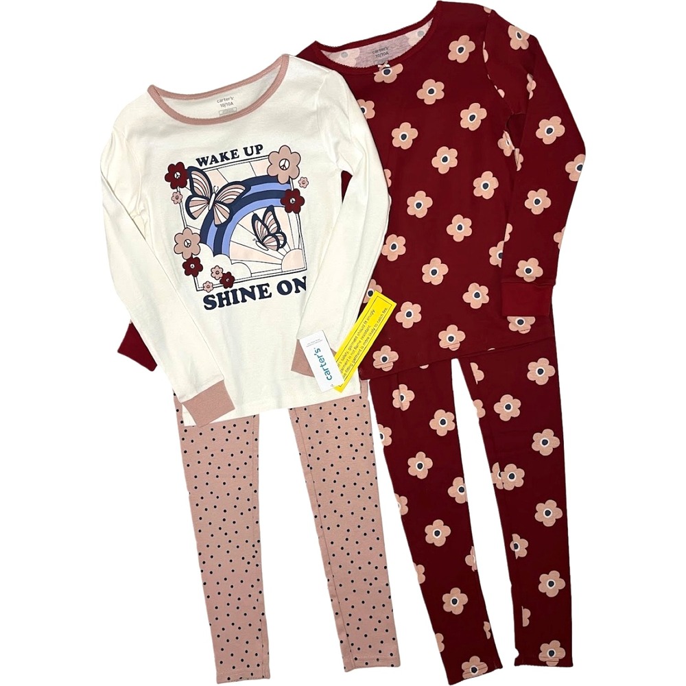 Carter's Girls Sz 10 Pajama Set‎ 4pc Wake Up Shine On Flower Pants Long Sleeve